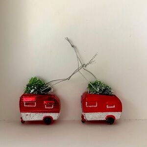 Mini Vintage Inspired Camper Christmas Ornaments Bristle Brush Tree on Top Set